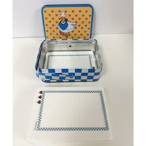 Vintage 1985 Giftco Inc Goose Blue Checker Stationary Tin w/Handle, Lid, & Paper